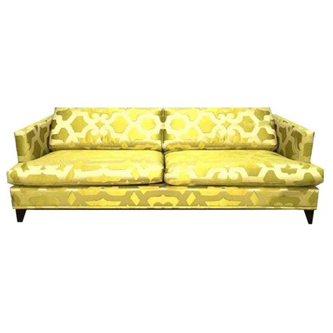 Modern French Silk Chartreuse Quatrefoil Custom Contemporary Sofa