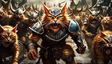 viking cat army in metal armor with horned helmets rushing towards center frame lead by a ...