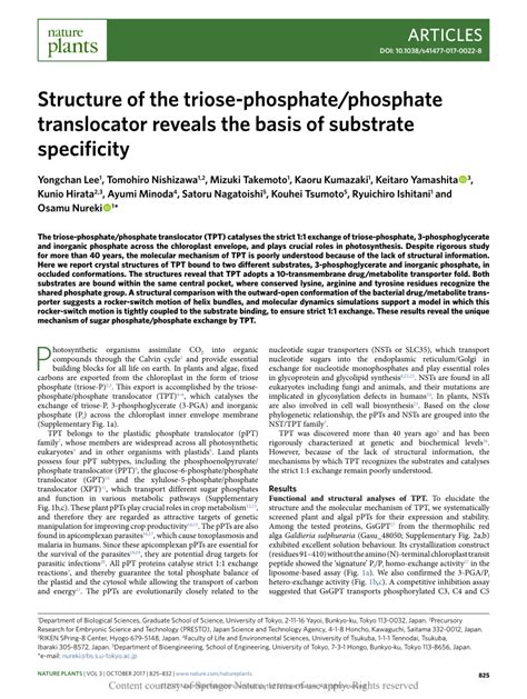 Structure of the triose-phosphate/phosphate translocator reveals the basis of substrate ...