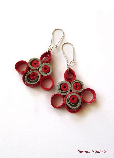 Red Grey Paper Quilling Earrings Quilled Paper Earrings