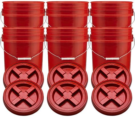 Red 5 Gallon Plastic Buckets and Gamma Seal Lids Food Grade Combo 6 Pack Special Combo Free Shipping