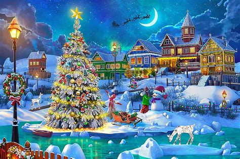 Snow Scene in Christmas, Christmas, art, holiday, town, fun, joy, snowman, Santa, HD wallpaper ...