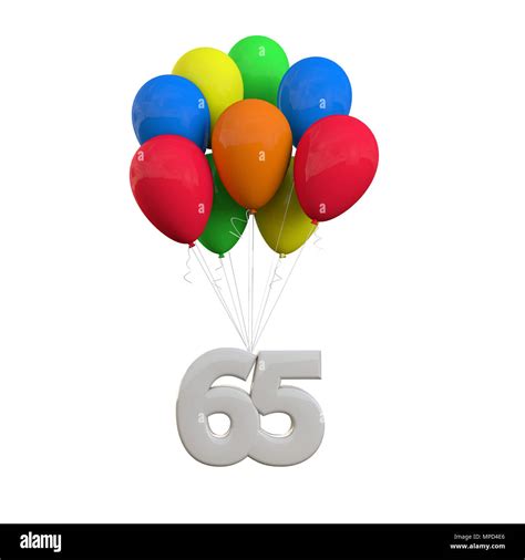 Number 65 party celebration. Number attached to a bunch of balloons. 3D ...