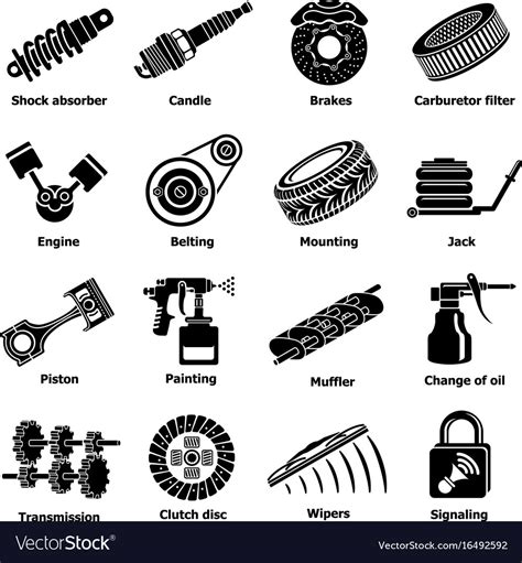 Car repair parts icons set simple style Royalty Free Vector