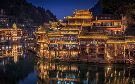 Wallpaper Hunan, China, village, lights, night, river 2560x1600 HD ...