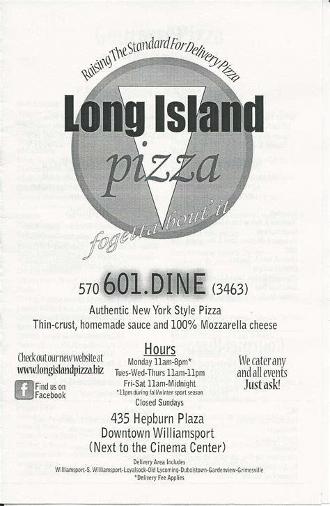 Menu at Long Island Pizza pizzeria, Williamsport