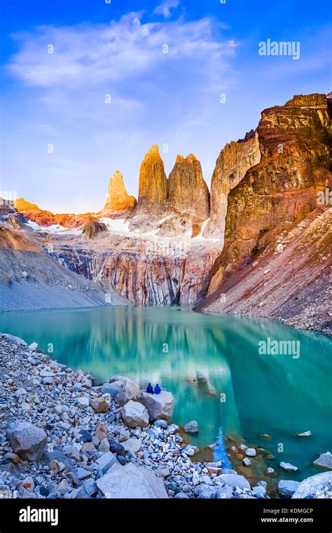 Laguna torres with the towers at sunrise, Torres del Paine National ...