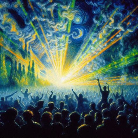 A rave party in England in 1994 with smoke and lasers, painting in the ...