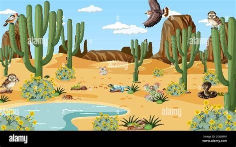 Desert forest landscape at daytime scene with desert animals and plants ...