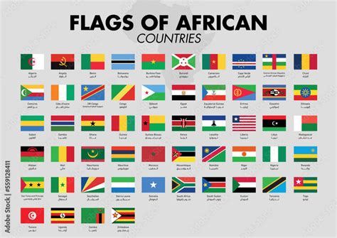 African countries Flags with country names and a map on a gray ...