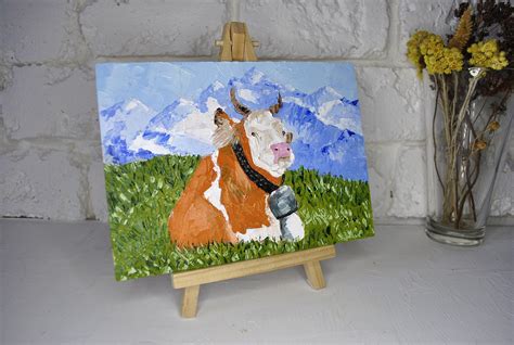 Swiss Cow Painting Alps Original Art Impasto Oil Painting Cow | Etsy