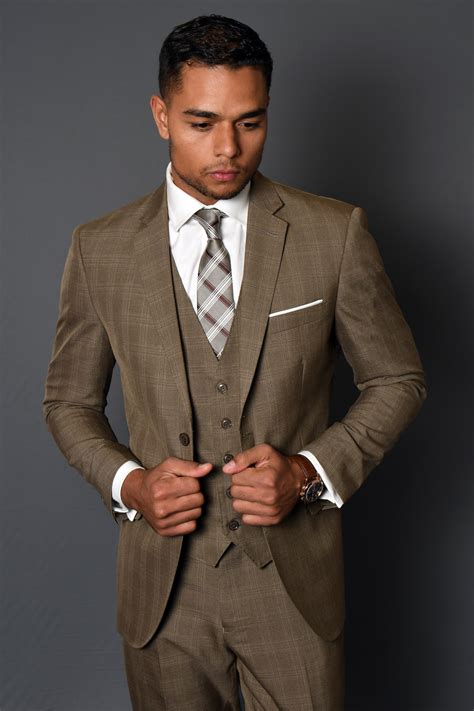 STATEMENT MANTUA-4 TAN PLAID, TAILORED FIT SUIT 3PC, WOOL ITALY ...