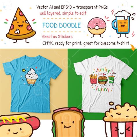 Food Doodle, Food Cute Characters Clipart, Pizza, Burger, Ice Cream, Toast, Watermelon, Donut ...