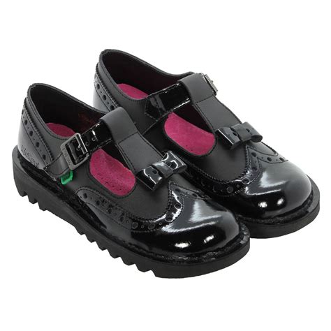 KICKERS GIRLS WOMENS BACK TO SCHOOL BROGUE BOW SHOES PATENT BLACK SIZES ...