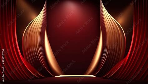 Red Maroon Golden Curtain Stage Award Background. Trophy on Red Carpet ...