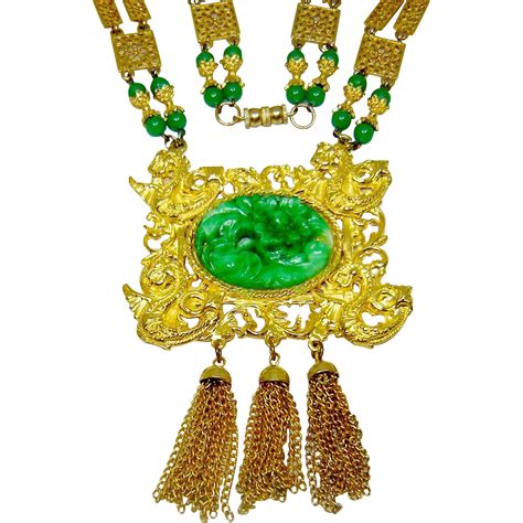 Vintage Les Bernard Necklace Lotus Peking Glass Dragon Medallion Chain Dangles | Animal jewelry ...