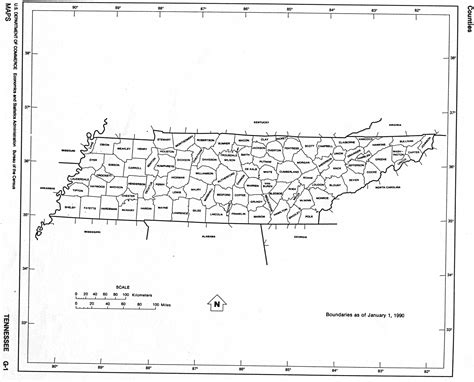 Tennessee State map with counties outline and location of each county in TN, printable free