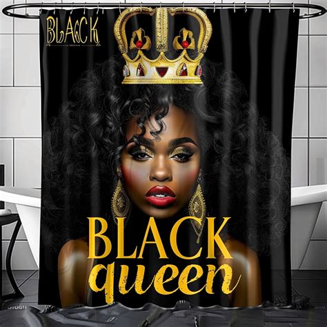 Black Queen African American Woman Shower Curtain Set Afrocentric Art Bathroom Decor with Gold ...