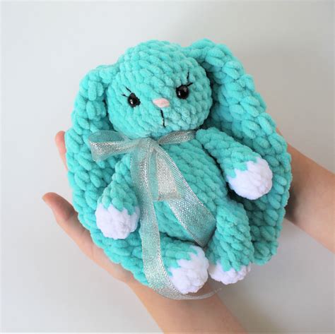 Bunny Plush stuffed baby toy, Crochet velvet Teddy bunny with long ears, Turquoise bunny toy ...