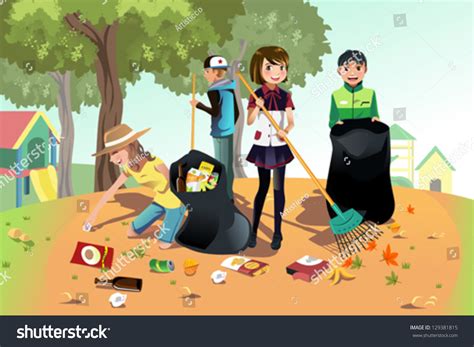 A Vector Illustration Of Kids Volunteering By Cleaning Up The Park - 129381815 : Shutterstock