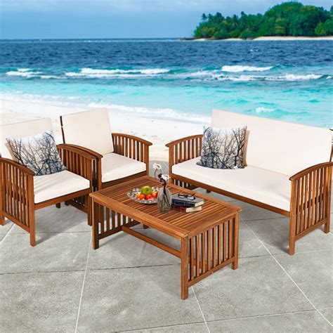 4PCS Patio Solid Wood Furniture Set-Wood - Costway