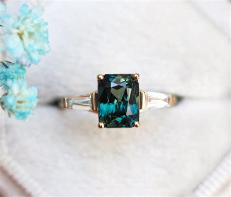 Teal Sapphire Ring With Baguette Diamonds | Moddlinc