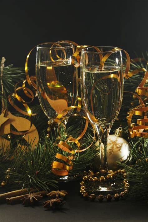 Two Glasses with Champagne in New Year Eve Stock Photo - Image of ...