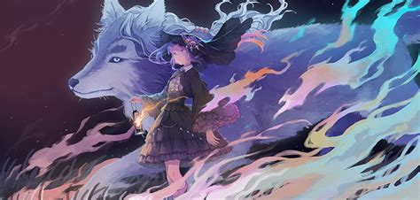 Gothic anime girl, wolf, creature, purple eye, lantern, lolita, Anime, HD wallpaper | Peakpx