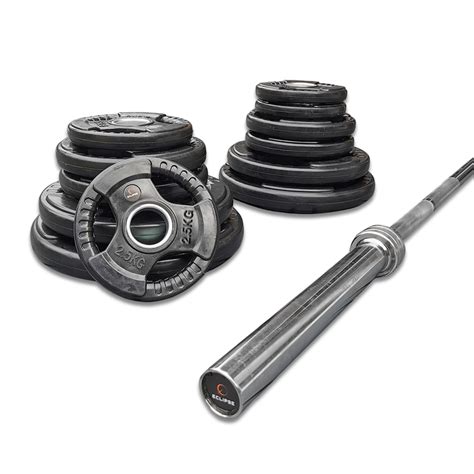 Olympic barbell kit with rubber radial tri-grip plates - Choice of weight