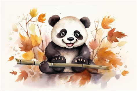 Premium AI Image | Cute watercolor smiling happy panda in autumn