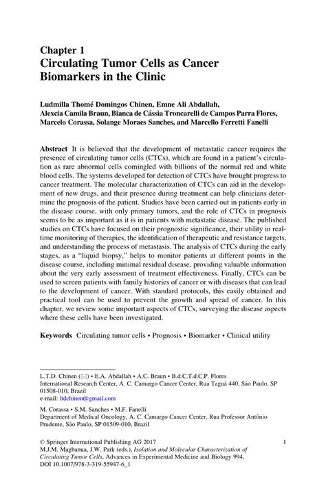 (PDF) Circulating Tumor Cells as Cancer Biomarkers in the Clinic
