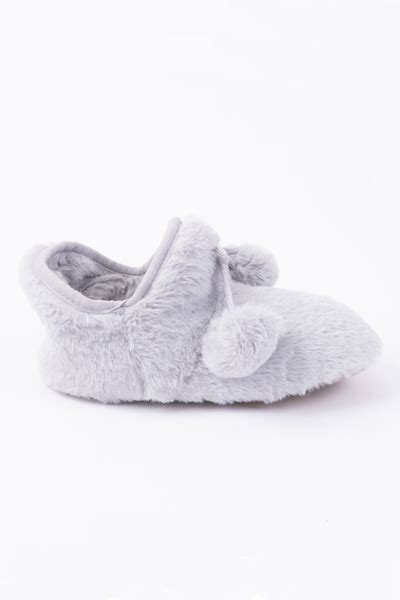 Women's ankle bootie plush slippers with pom poms. Colour: light grey ...