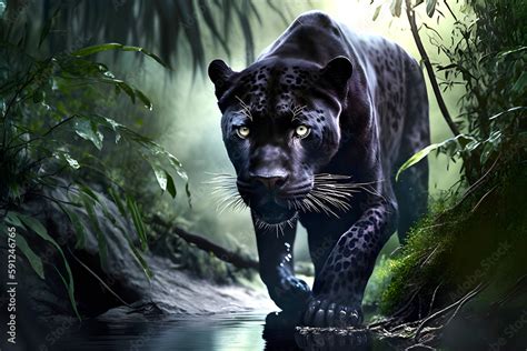 Black jaguar hunting in the jungle. AI generated illustration. Stock ...