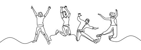 Continuous line drawing of four jumping happy people. 3409965 Vector ...