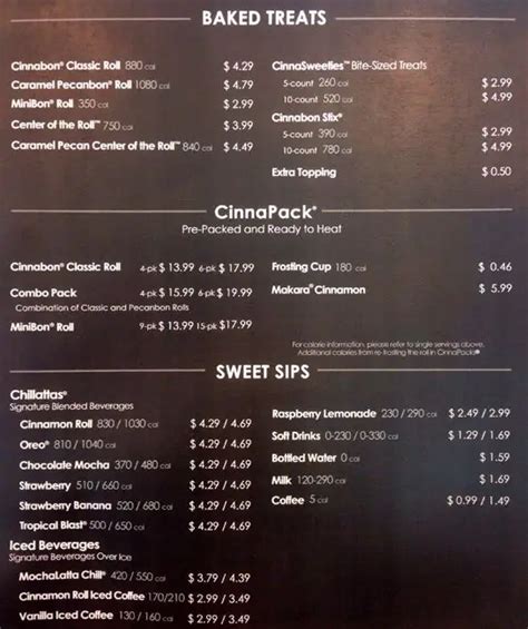 Menu at Cinnabon desserts, Puyallup