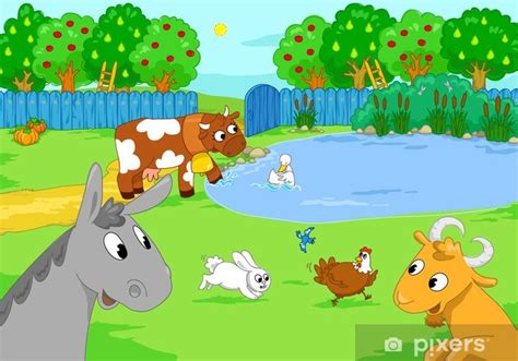 Wall Mural Cartoon funny cute animals in the country - PIXERS.CA