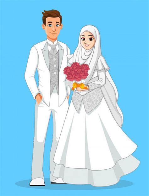 National Muslim Brides In White And Silver Clothes. | Islamic cartoon, Bride and groom cartoon ...