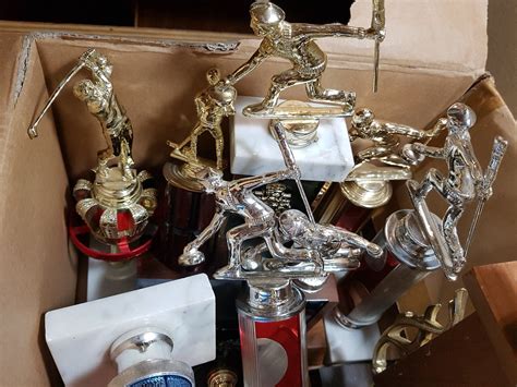 BOX FULL OF OLDER TROPHIES (MOSTLY UNUSED)