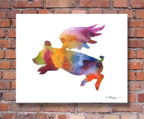 Flying Pig Art Print Abstract Watercolor Painting Wall