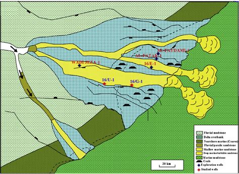 Palaeogeography map of the Mukalla Formation in the Qamar Bay (modified ...