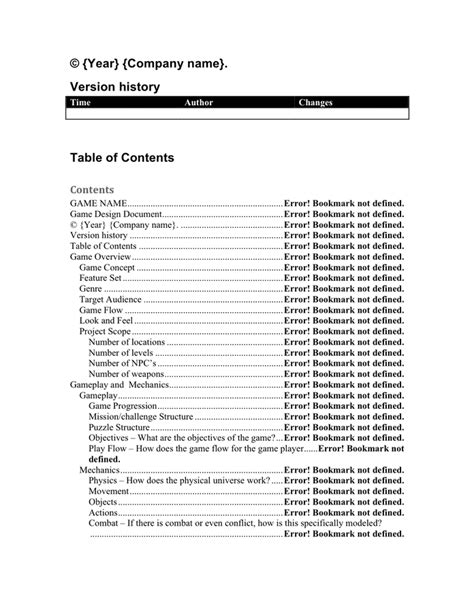 Game design document template in Word and Pdf formats - page 2 of 13