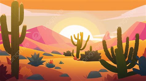 Desert Cactus Plant Flat Sunset Background, Summer, Sunset, Desert Background Image And ...