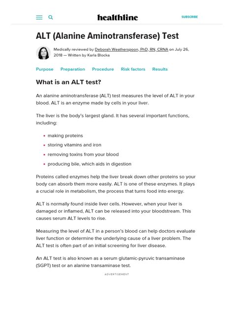 ALT (Alanine Aminotransferase) Test - Purpose, Procedure, and Results PDF | PDF | Alanine ...