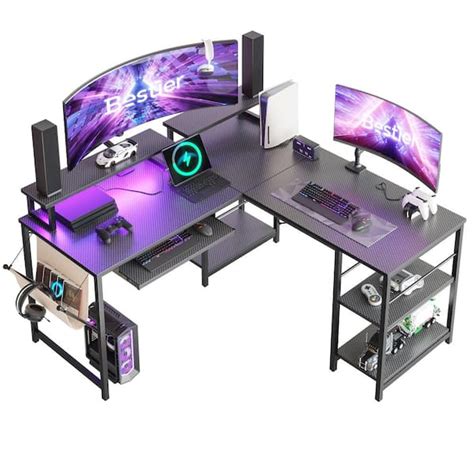 Bestier L-Shaped Desk LED 95.2 in. Computer Corner Desk with Keyboard ...