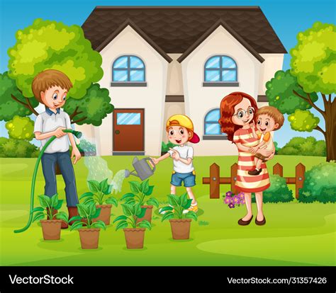 Family member cartoon character in garden Vector Image