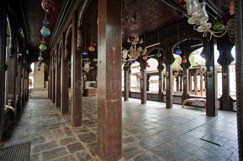 Temple Hall with Wooden Pillars and Chandelier in Shri Ram Temple of Phaltan Editorial ...