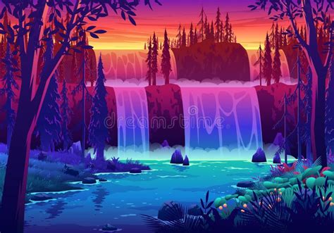 Sunset Waterfall Landscape Illustration Stock Illustration ...