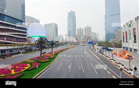 SHANGHAI, CHINA - MARCH 19, 2022 - An empty street is seen in downtown Shanghai, China, March 19 ...