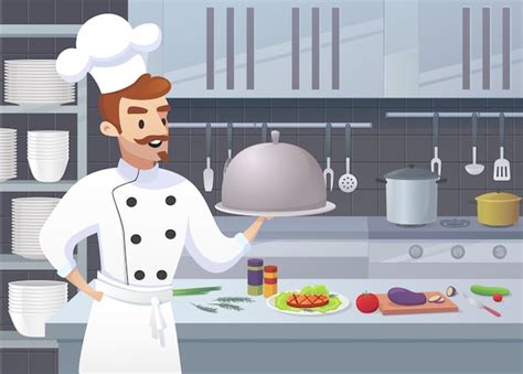 Cozinha comercial com chef de personagens de desenhos animados | Vetor Premium