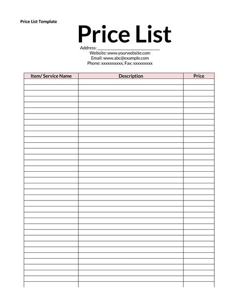 Printable Blank Price List Template - Printable Form, Templates and Letter